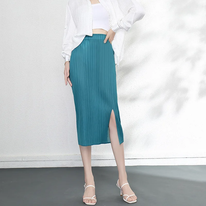 

Skirts For Woman Miyake Pleated High Waist Sexy Package Hip Split Solid Color Office Lady Formal Dark Blue Green