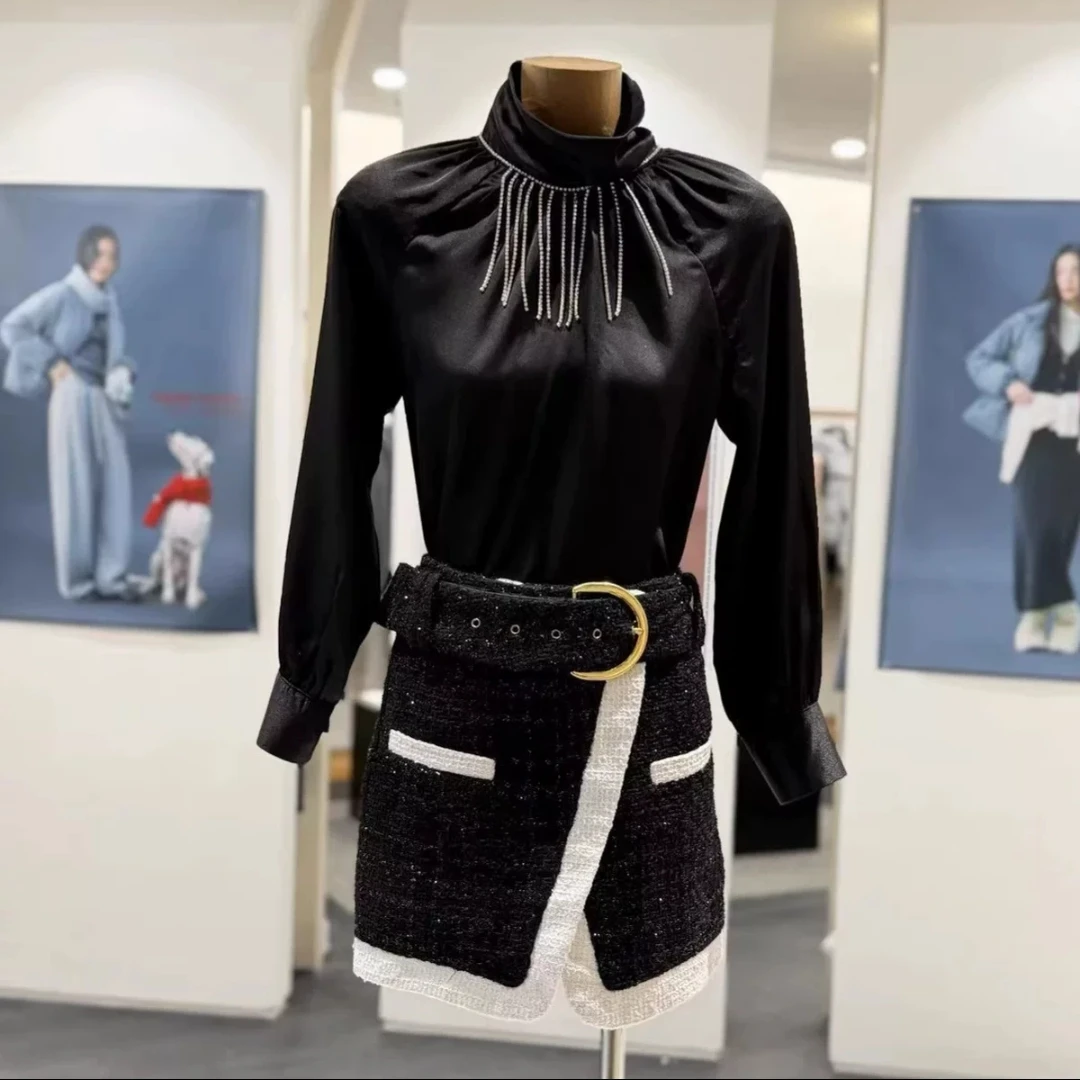 

Женская приталенная рубашка с длинным рукавом и воротником-стойкой, однотонная, в деловом стиле, весна 2026, модная и элегантная