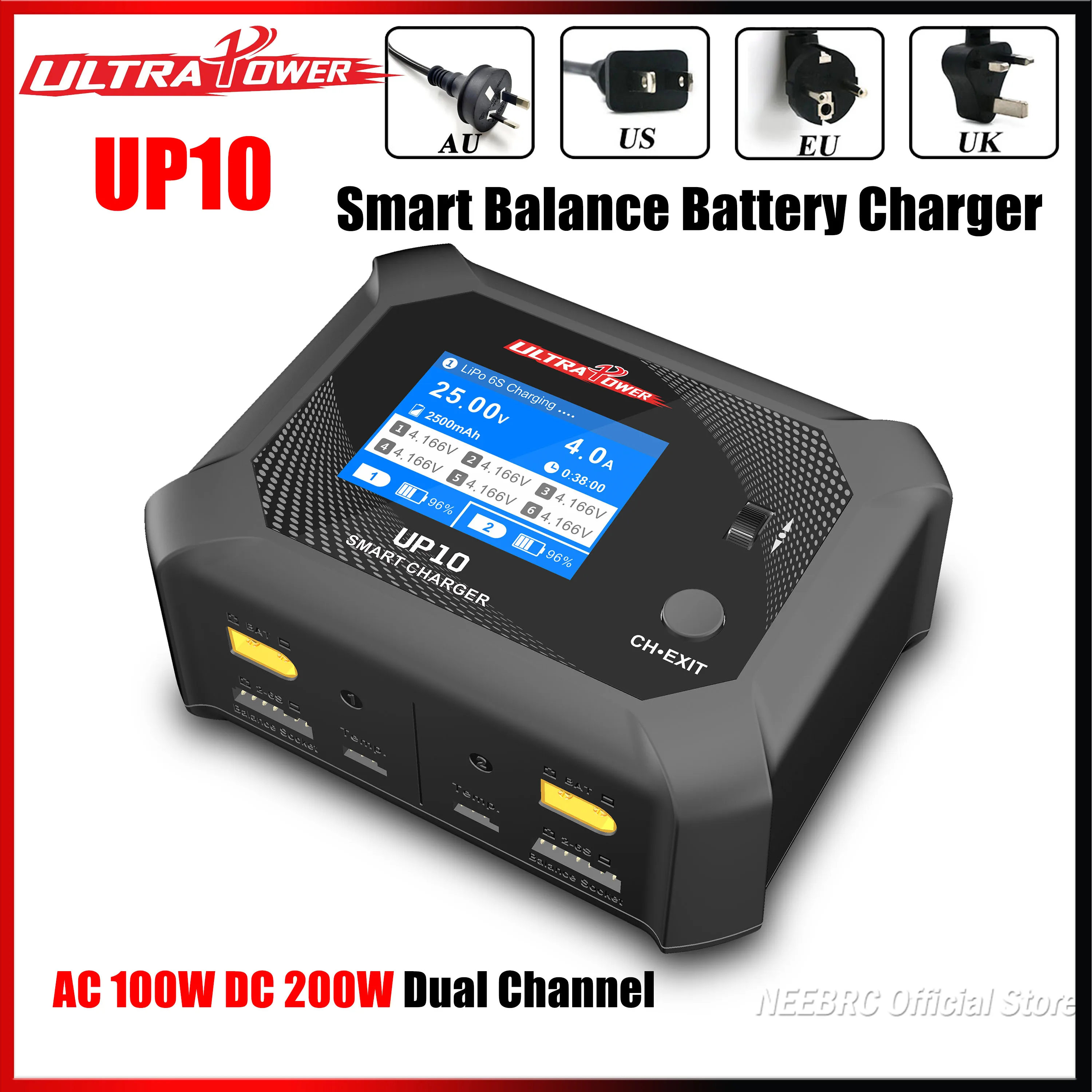 UltraPower UP10 Smart Battery Balance Charger AC 100W DC 200W Dual Channel Discharger LCD for Lipo LiHV Lilon LiFe NiMH RC Model