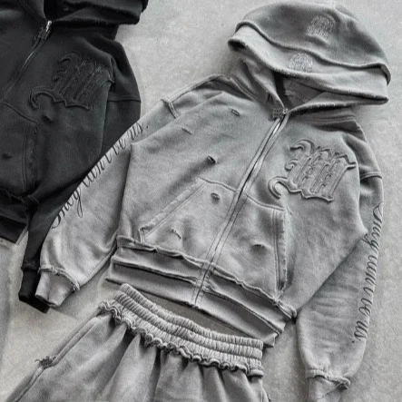 Streetwear Hip Hop Printed Hoodie And Pants Set Loose Fit Long Sleeve Zipper Closure Comfortable Sports Outfit Two Piece Set