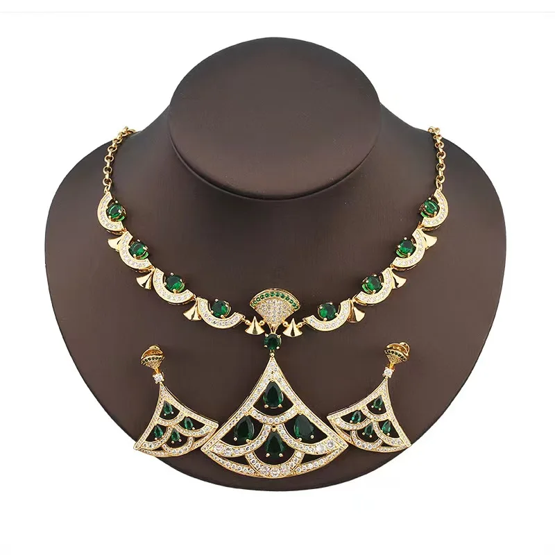 

Fashion cross-border jewelry women's inlaid green cubic zircon fan earrings earrings necklace small luxury jewelry set