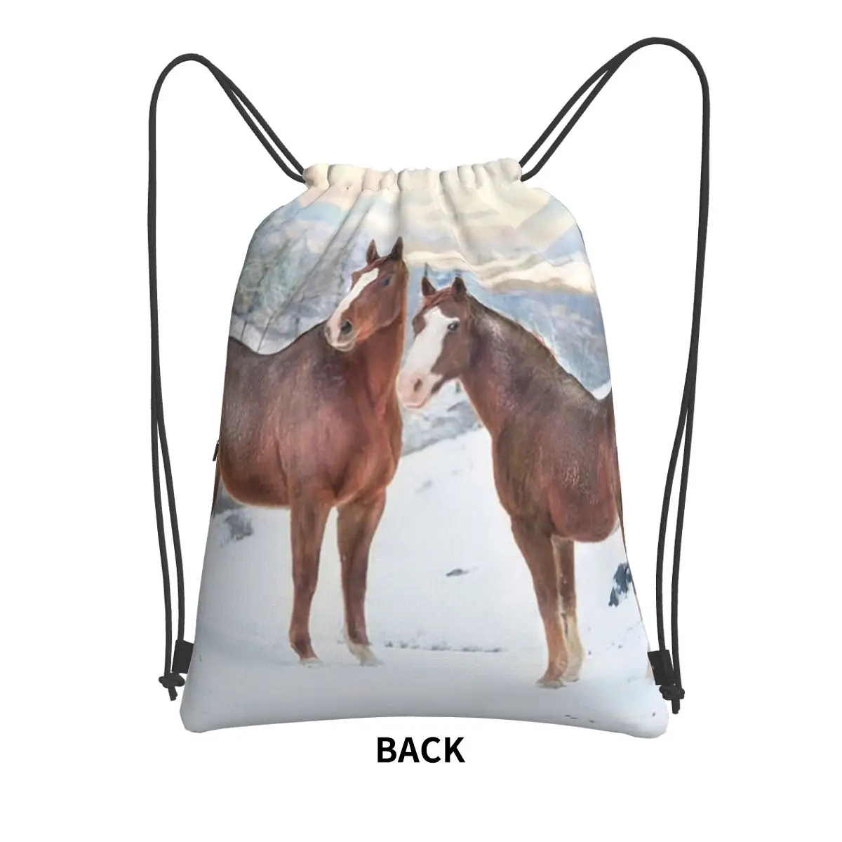 Horses With Snow And Sunset Hills Backpacks Fashion Drawstring Bundle Pocket Sports Bag Book Bags for Man Woman Students