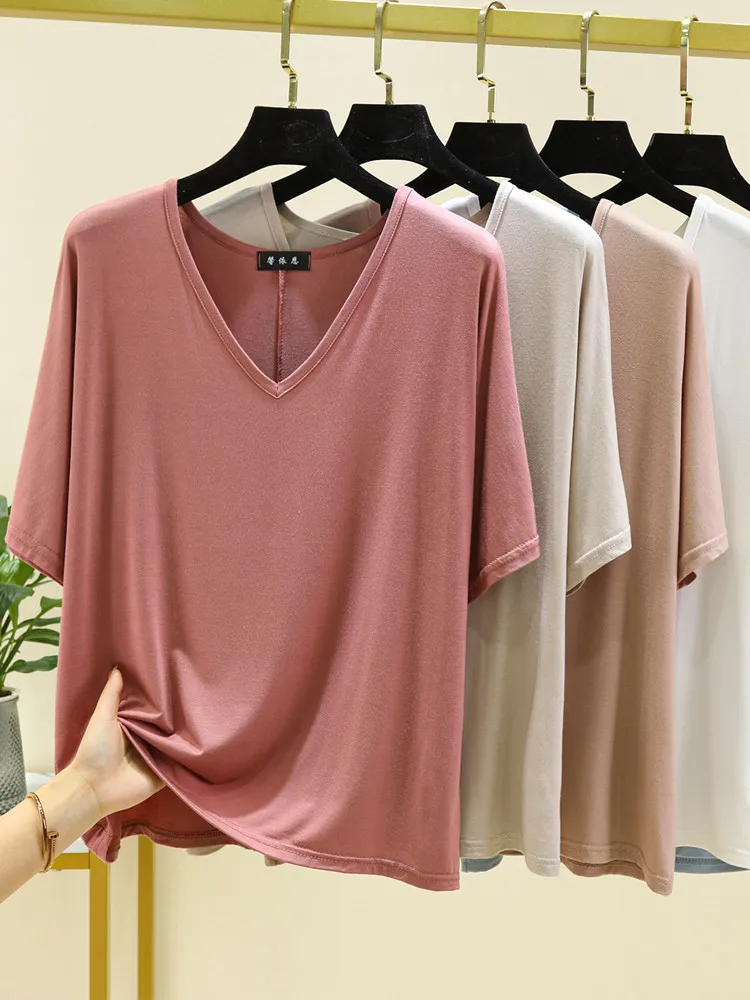 

Summer ort Sve T-irt Women Loose V-Ne Modal plus Size Simple Color Fat MM Inner Wear Base irt Thin pe