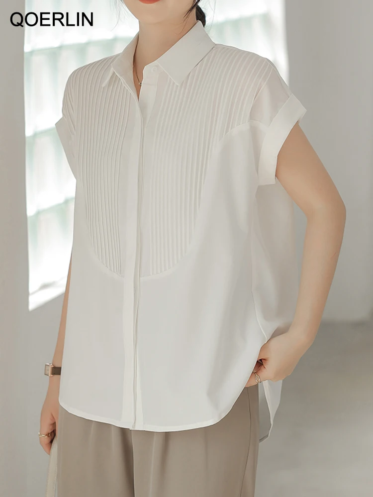 QOERLIN Summer Flying Sleeve White Shirts Women 2023 Turn-Down Collar Single-Breasted Blouse Female OL Elegant Button Up Blouses