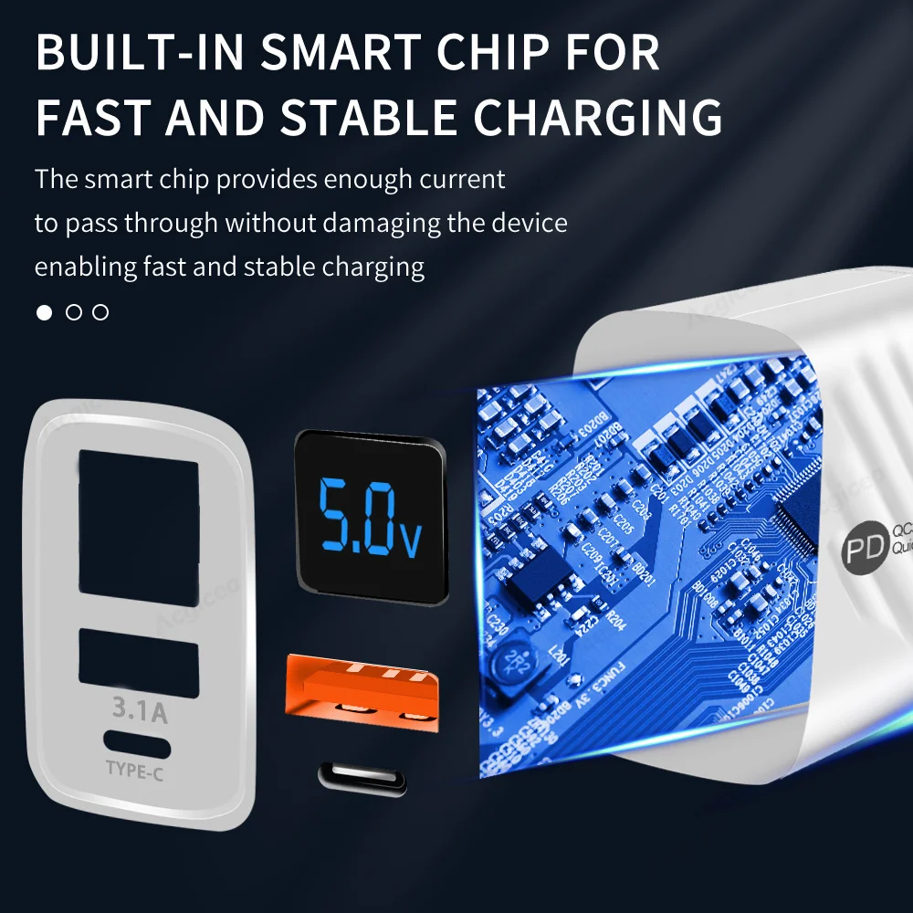 PD USB Charger 20W Fast Charge Adapter with Digital Display For Iphone Samsung Xiaomi Huawei Cell Phone Chargers Quick Charge3.0