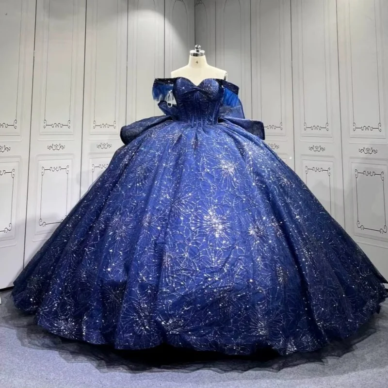 

Блестящие темно-синие платья Quinceanera с открытыми плечами, блестящая наклейка с кристаллами, длинный хвост, платье 15, Quinceanera по индивидуальному заказу