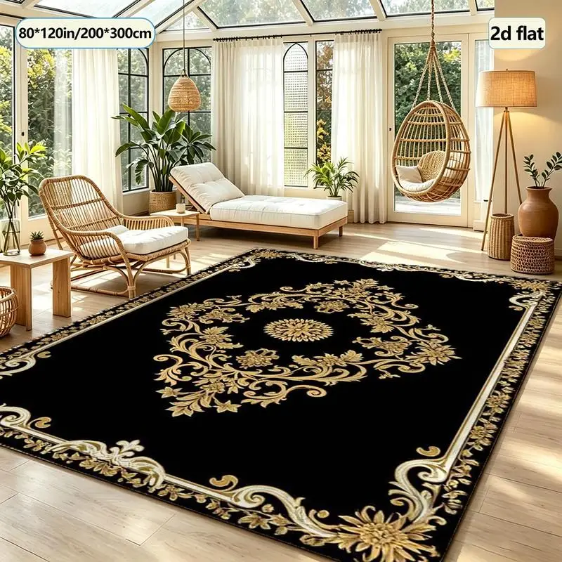 Black Base Golden European Baroque Floral Carpet Flooring Luxury Square Area Rug Anti-Slip Vintage Floor Rug for Living Room Bedroom