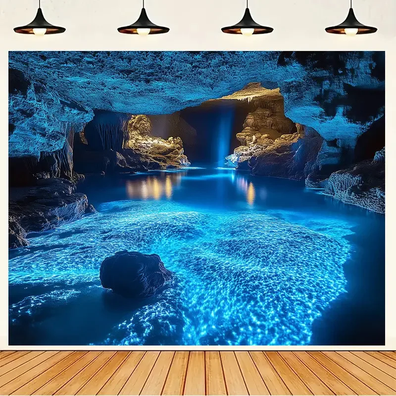 2D Flat - Extra Large Blue Cave Landscape Tapestry in 2D Flat Design - a Vibrant Underwater Scene Featuring Luminous Lights, Mad