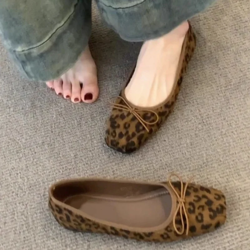 

2026New Leopard Print Ballet Flats for Women, Square Toe Bow Knot Casual Loafers, Soft Sole Comfortable Daily Shoes