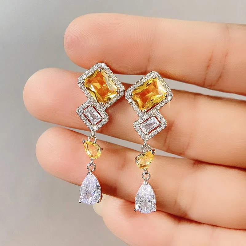 Huitan Elegant Yellow CZ Dangle Earrings for Women New Fashion Design Engagement Wedding Ear Accessories Good Quality Jewelry