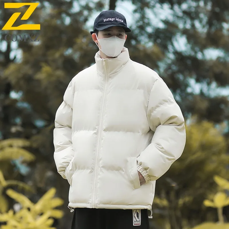 COMXZ 2025 Mens Winter Fleece Lined Thick Stand Collar Cotton Jacket Solid Color Unisex Warm Coat Teen lightweight windbreaker