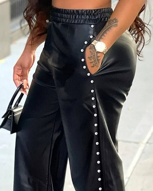 Trend ige Damen hose neue lässige Wasser Diamant Dekoration einfarbig lose weites Bein Tasche pu Lederhose hohe Taille Hose