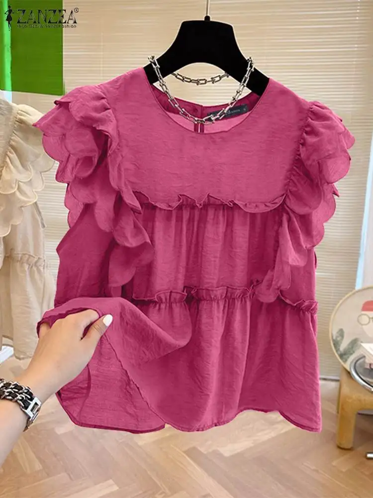 2024 Fashion Ruffles Stitching Tops ZANZEA Women Cap Sleeve Blouse Summer Korean Solid Shirts Holiday Casual Round Neck Tunics