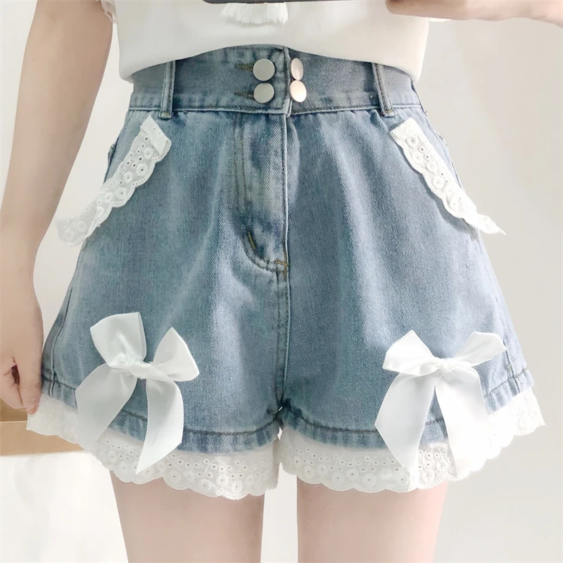 

Summer Lolita Denim Shorts Teen Girls Kawaii Bow Lace Hem Women Wide Leg Jeans 2022 Korean Fashion High Waist Casual Short Pants