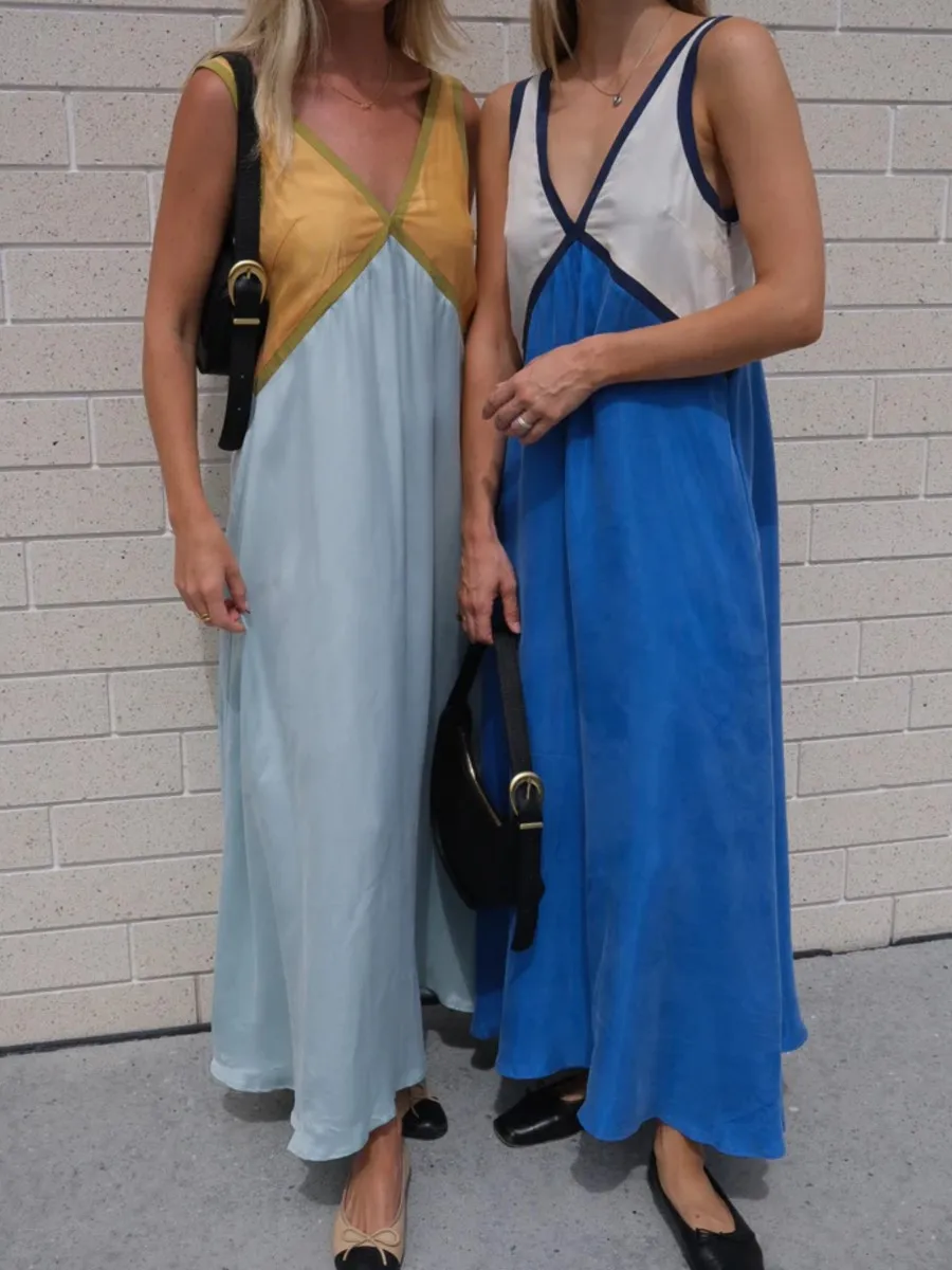 

Solid Patchwork Loose Maxi Dress Women Summer New V Neck Sleeveless A-line Vestidos Casual Simple Fashion Female Long Dresses