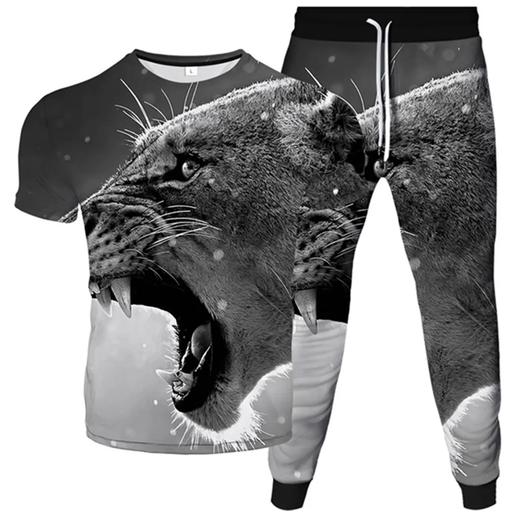 Chándal de estilo Harajuku para hombre y mujer, Conjunto de camiseta y pantalones con estampado de animales, León y galaxia espacial, ropa deportiva, traje de talla grande, 2 uds.