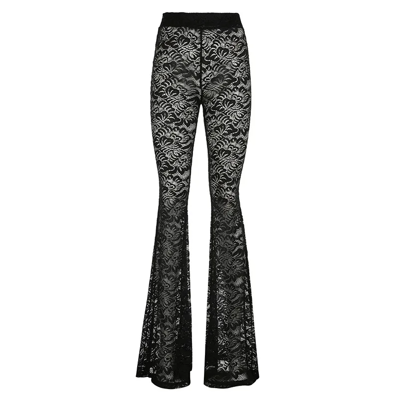 Y2K Black See Through Women Flare Pants Fashion Clubwear Sexy Lady Slim Fit Boot Cut Trousers Vintage Gothic Chic Outfits