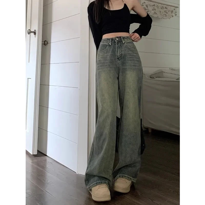 

Retro High Street Old Jeans Women's Autumn High Waist and Thin Wide-leg Pants Straight Pants Mopping Long Pants Tide
