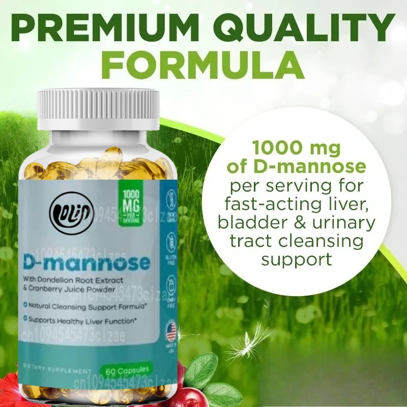D-mannose 1000mg Supplement, Containing Cranberry Juice Powder, Hibiscus Flower and Dandelion Extract, 60 Capsules