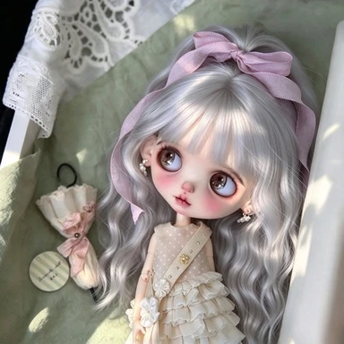 Cute Blythe Silver Grey Water Wave Bangs Wig Fiit Blythe Zsiga 24.5-26.5cm Head Circumference Doll Hair Wig Can Be Restyled