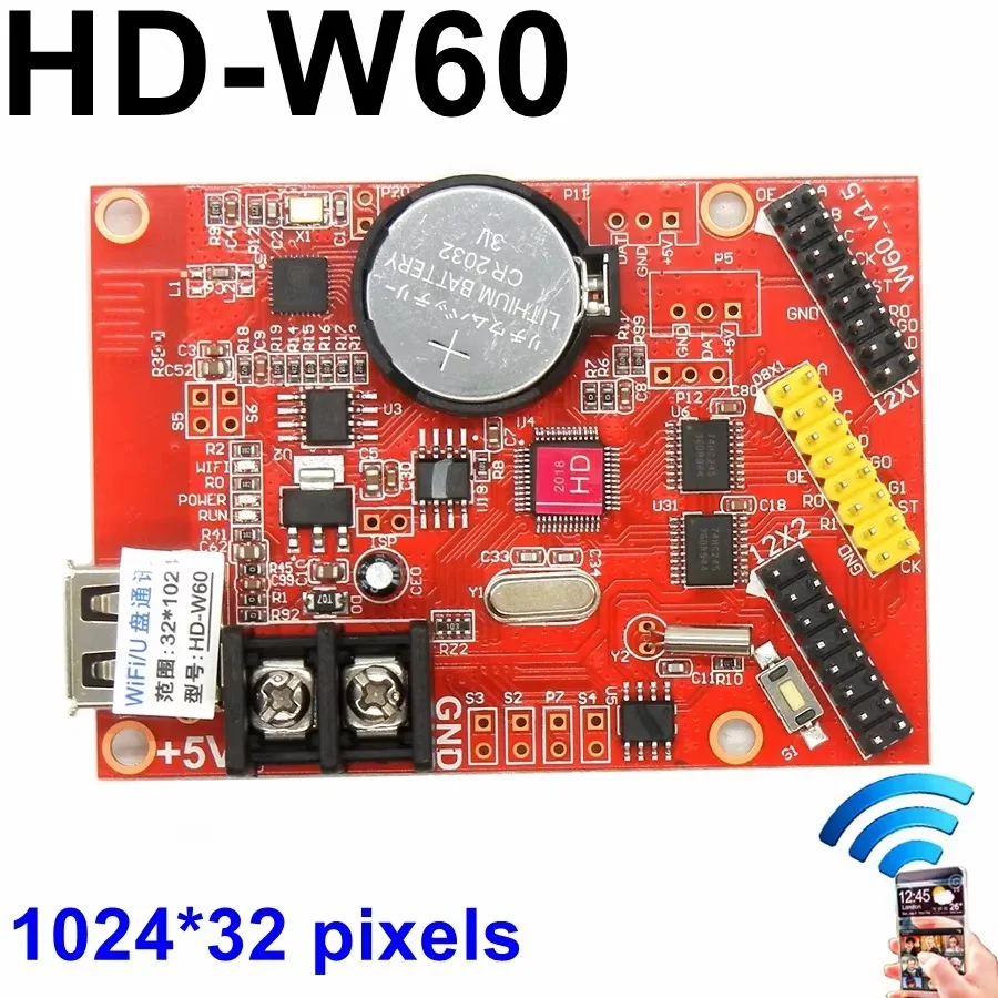 HD-W60 Wifi / USB Led Control Card 1024*32 Pixels Wireless Single / Dual Color Led Controller P10,f3.75 Module Drive Board