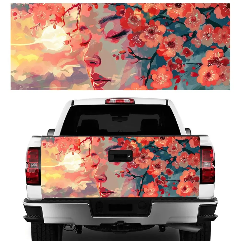 Geisha Moon Plum Blossom Print Car Tail Trunk Protect Vinly Decal Auto Accessories Hood Decoration Sticker for Off-road Pickup