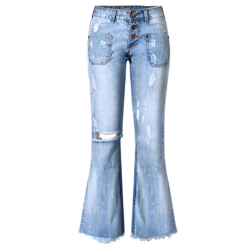 Ripped Denim Jeans Women Boot Cut Flared Pants Wide Leg Trousers Bell Bottom Distressed Teenage Girl Chic Streetwear Clothing