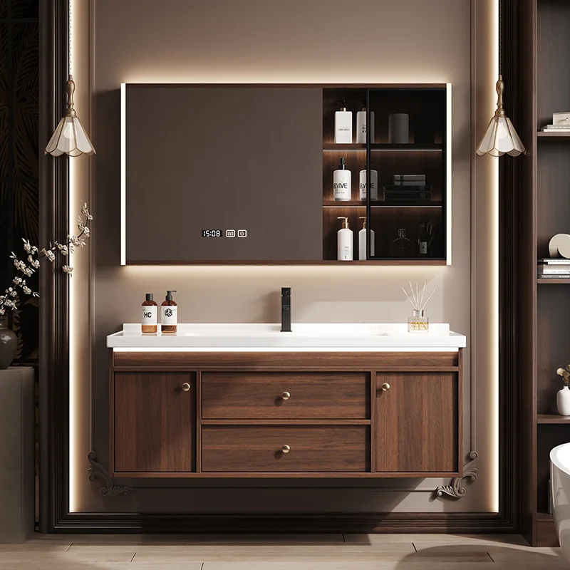 New Bathroom Cabinet Walnut 48 Inch Bathroom Vanity Wall Mounted Bath Cabinet  With Demister Mirrorpromote sales