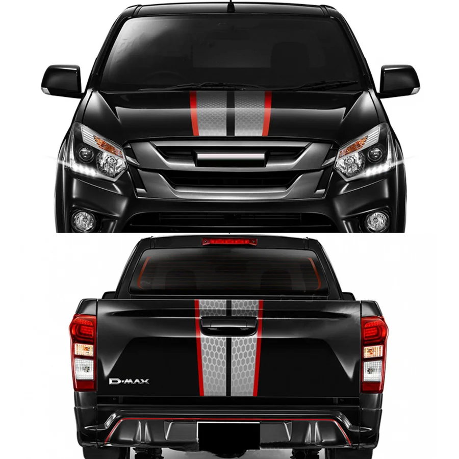 Custom Honeycomb Red Head Hood and Rear Trunk Stripe Vinyl Decal Precut Graphic Film Stickers for ISUZU D-MAX DMAX Pickup Truck
