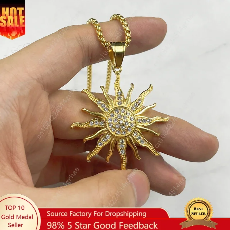 

New Stainless Steel Sun Hollow Pendant with rhinestone For Men Women Metal Solar Pendant Necklace Gold Color Jewelry