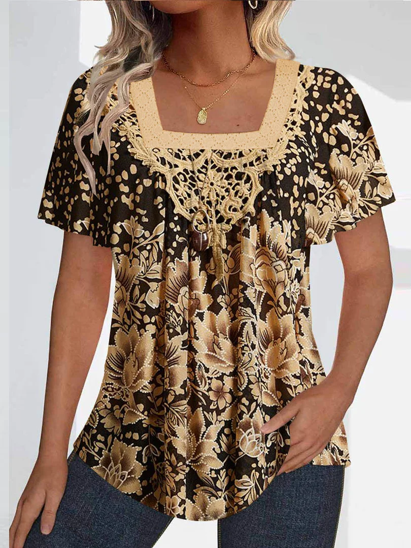 

Plus Size Women Short Sleeve U-neck Floral Printed Graphic Tops