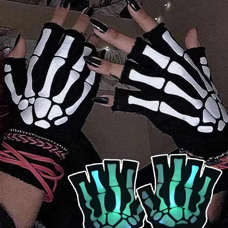 3/2/1 paar Leuchtende Schädel Halbe Finger Handschuhe Halloween Rolle Spielen Handschuhe Herbst Winter Gestrickte Handschuhe Elastische fahrrad Handschuhe