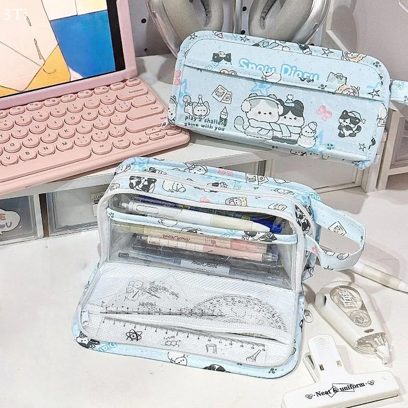 Lovely Illustrated Cat Big Capacity Pencil Bag Multi-floor Student Writing Tool Case Cosmetic Storage Satchel