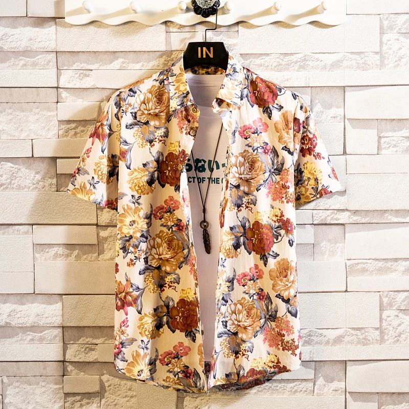 New Style Plus Size 5XL Summer Mens Short Sleeve Hawaiian Shirts Cotton Casual Floral Shirts Wave Regular Mens Clothing Fashion