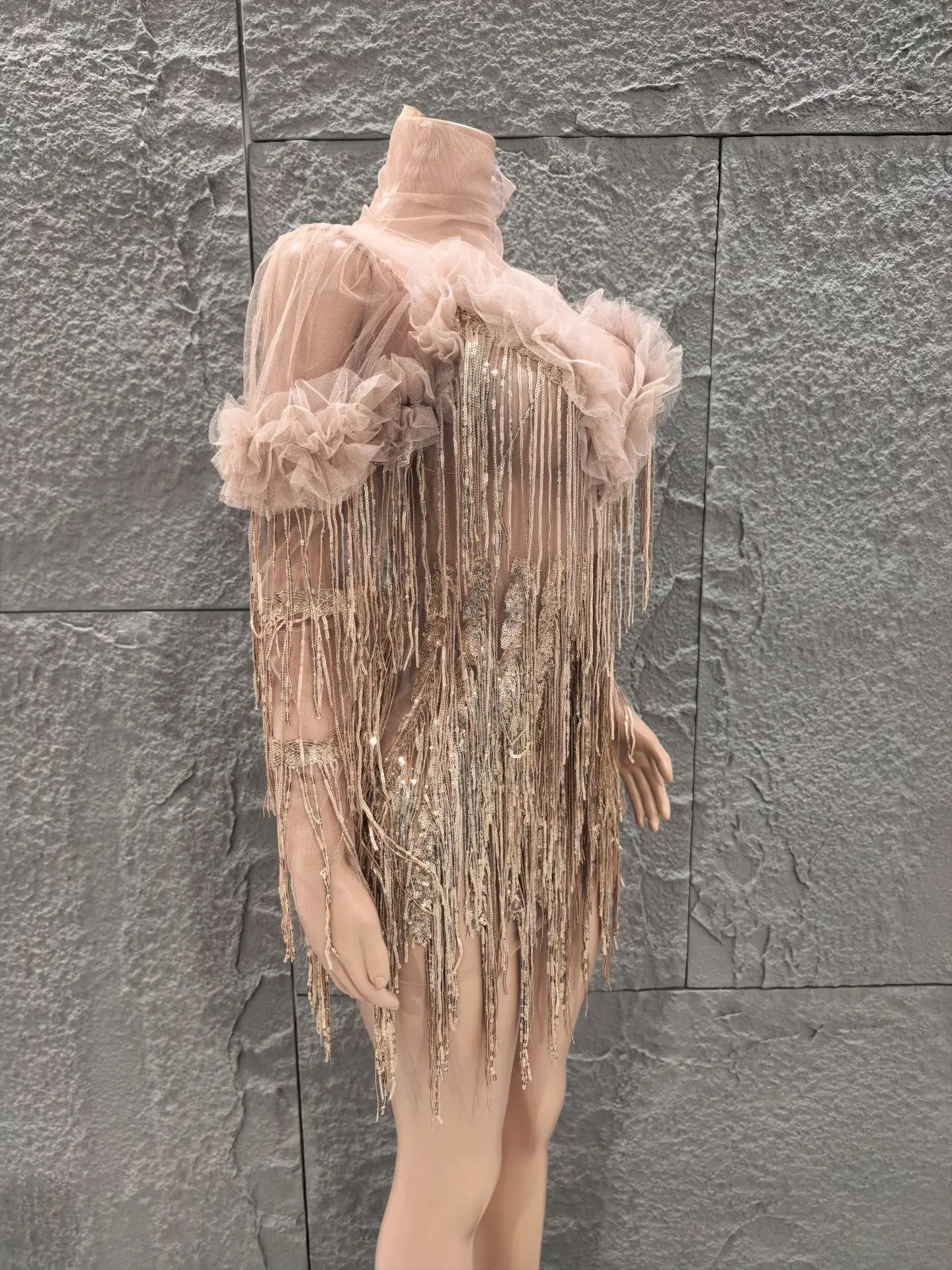 

Shinning Squines Tassles Women Long Sleeve Sexy Mesh See Through Bodycon Mini Dress Nightclub Party Birthday Vacation Outfit