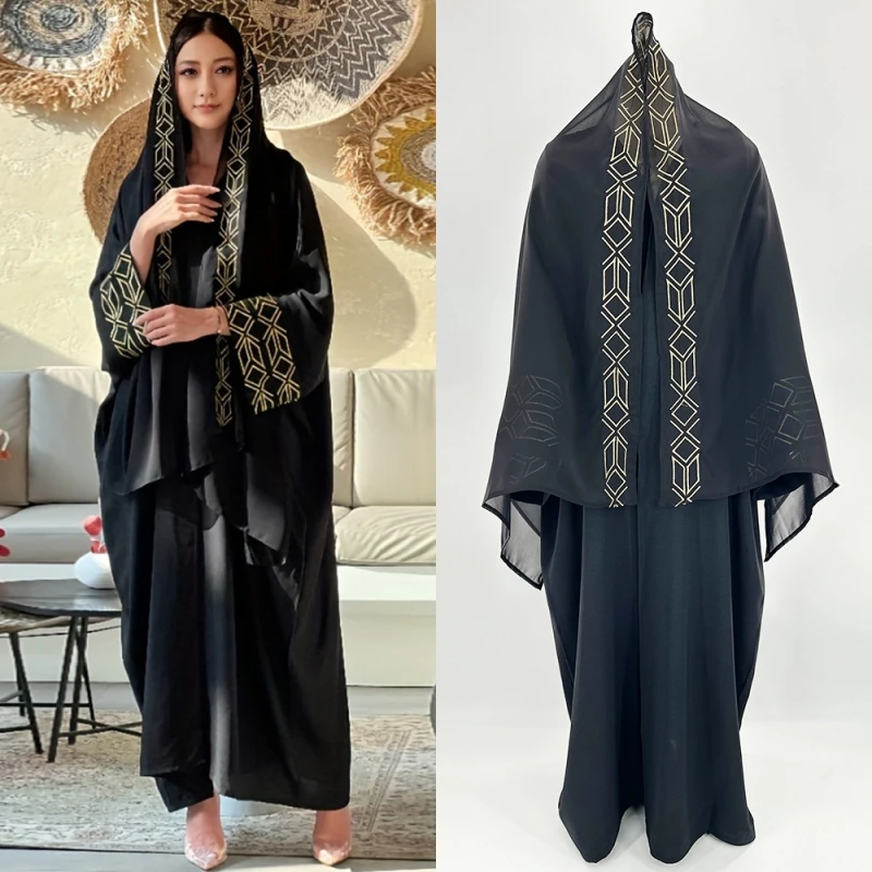 Dubai Burqa Women Loose Cardigan Arab Bat Sleeve Dress Robe Muslim Ladies Ethnic Style Abaya Party Kaftan With Embroidered Scarf