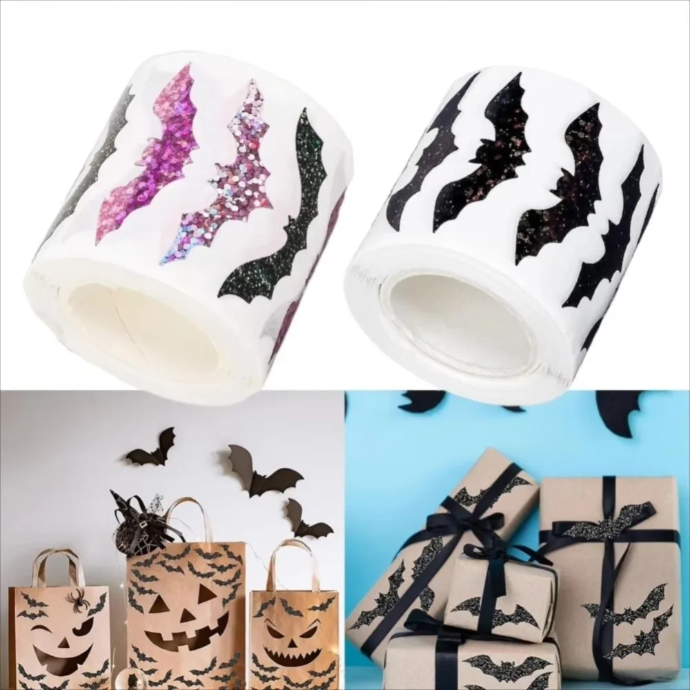 500pcs Self-Adhesive Halloween Bat Stickers Roll Waterproof Glitter Laser Black Bat Stickers Bat Wrapping Label Sticker