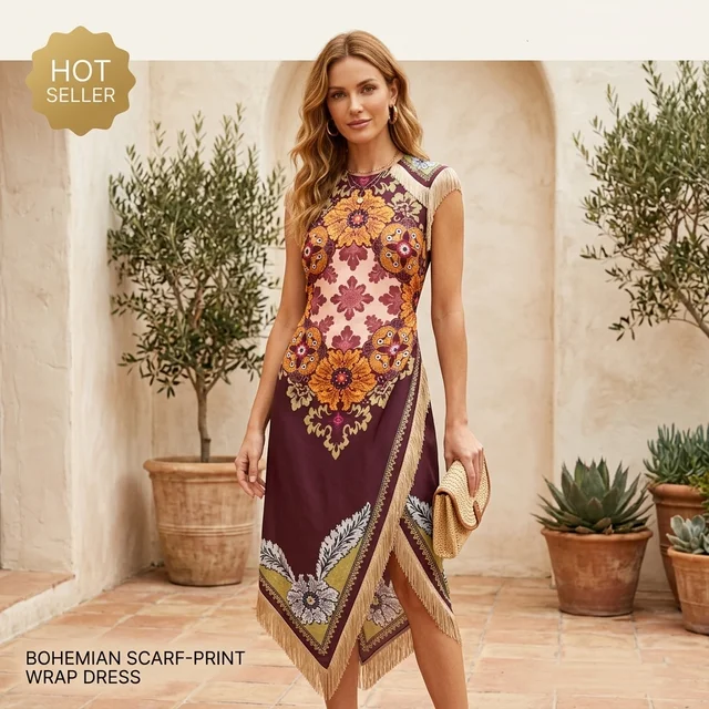 Vestido midi bohemio con estampado floral y flecos para mujer