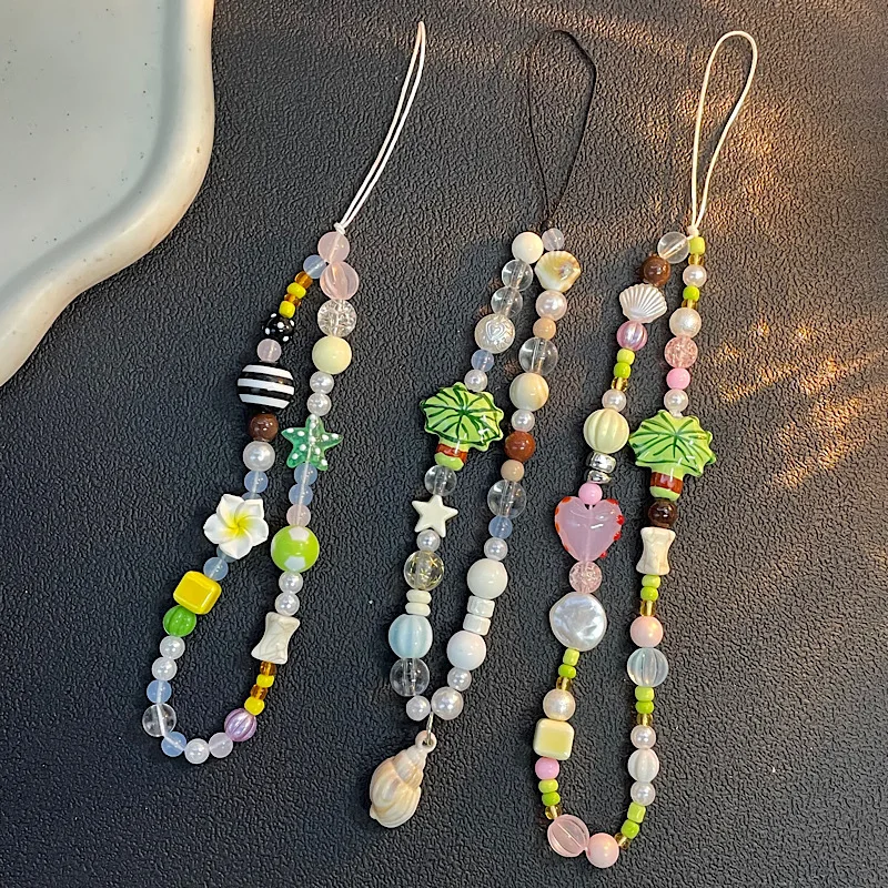 Cute Summer Coconut Tree Phone Chain Color Bead Phone Pendant Pink CCD Pendant Phone Chain Camera Pendant For iPhone 17 16