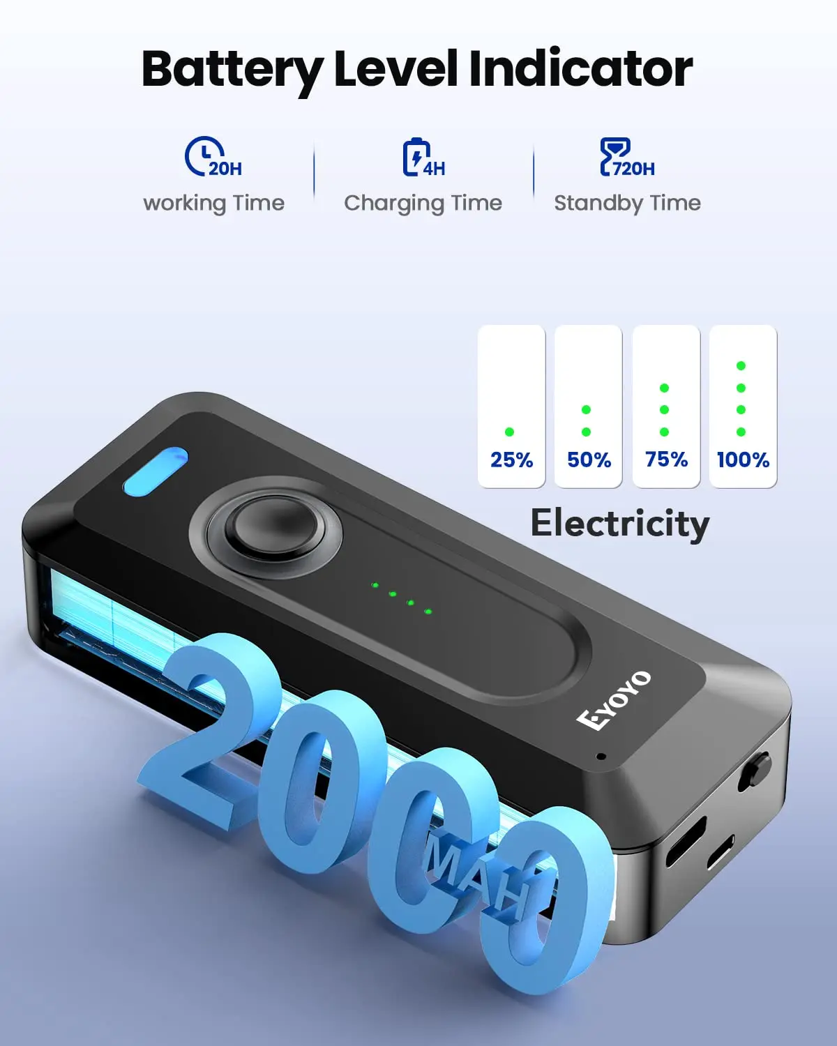 Eyoyo EY-039 Wireless 1D/2D Bluetooth Barcode Scanner with Level Indicator Portable QR Image UPC/EAN/Code39 Mini Bar Code Reader