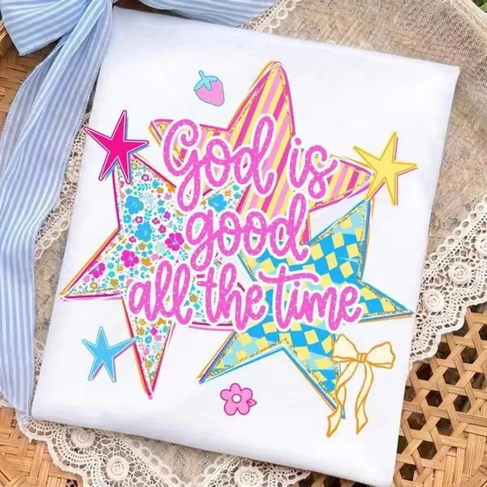 Cottagecore Daisy Field Star Graphic Tee Women God Is Good Faith Print Short Sleeve White T-Shirt Cute Summer Picnic Aesthetic Top