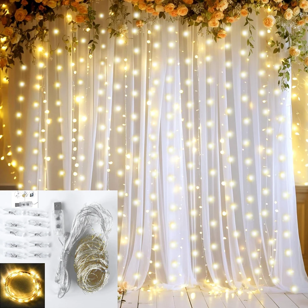 2 Panel Backdrop Curtains White with LED Lights Curtain Backdrop Christmas Wedding Home Patio Party Photo Shoot Decorations