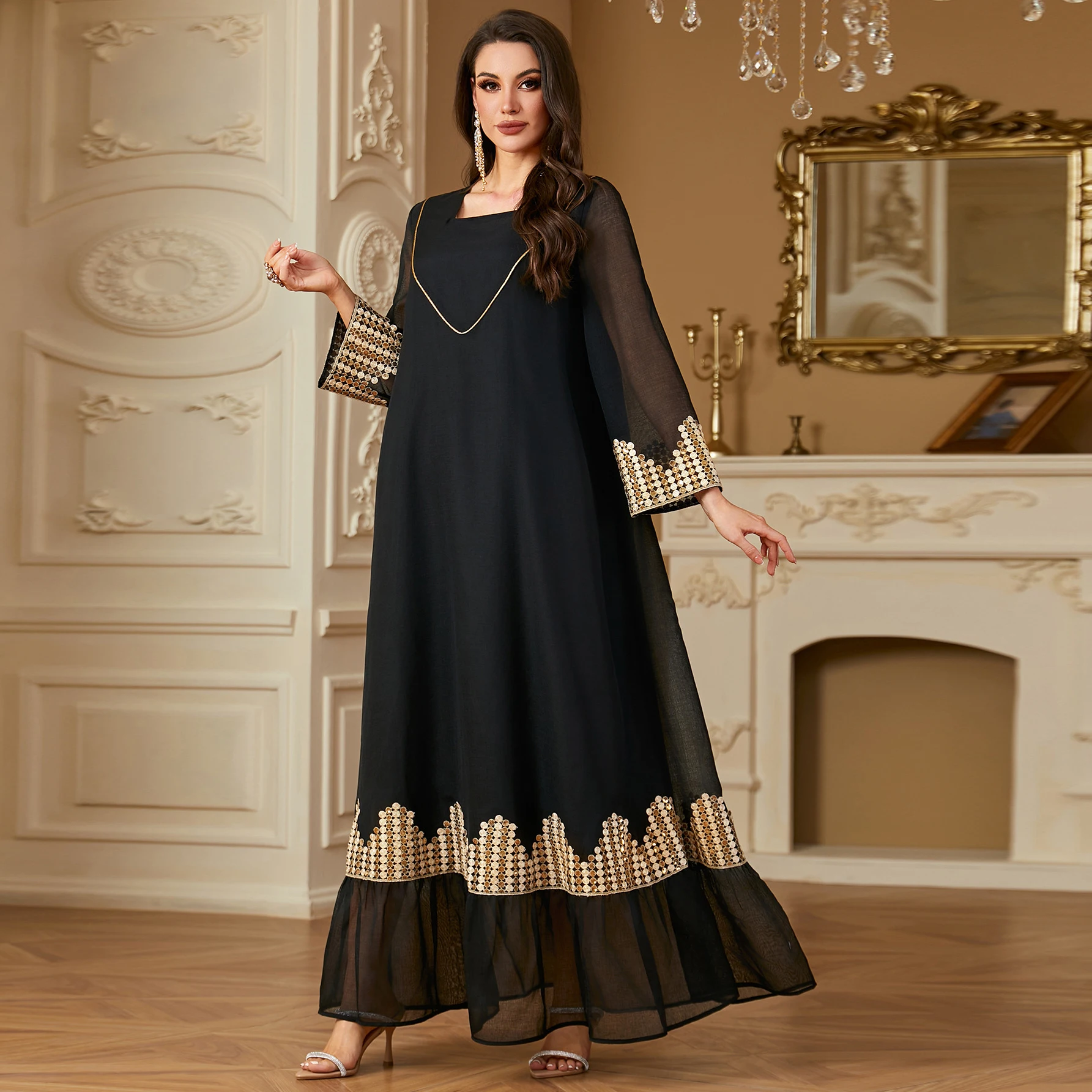 UNI Eid Party Abito musulmano Donna Abaya Elegante Maxi Jalabiya Ricamo Maglia Paillettes Marocco Caftano Turchia Arabo Abito lungo Dres