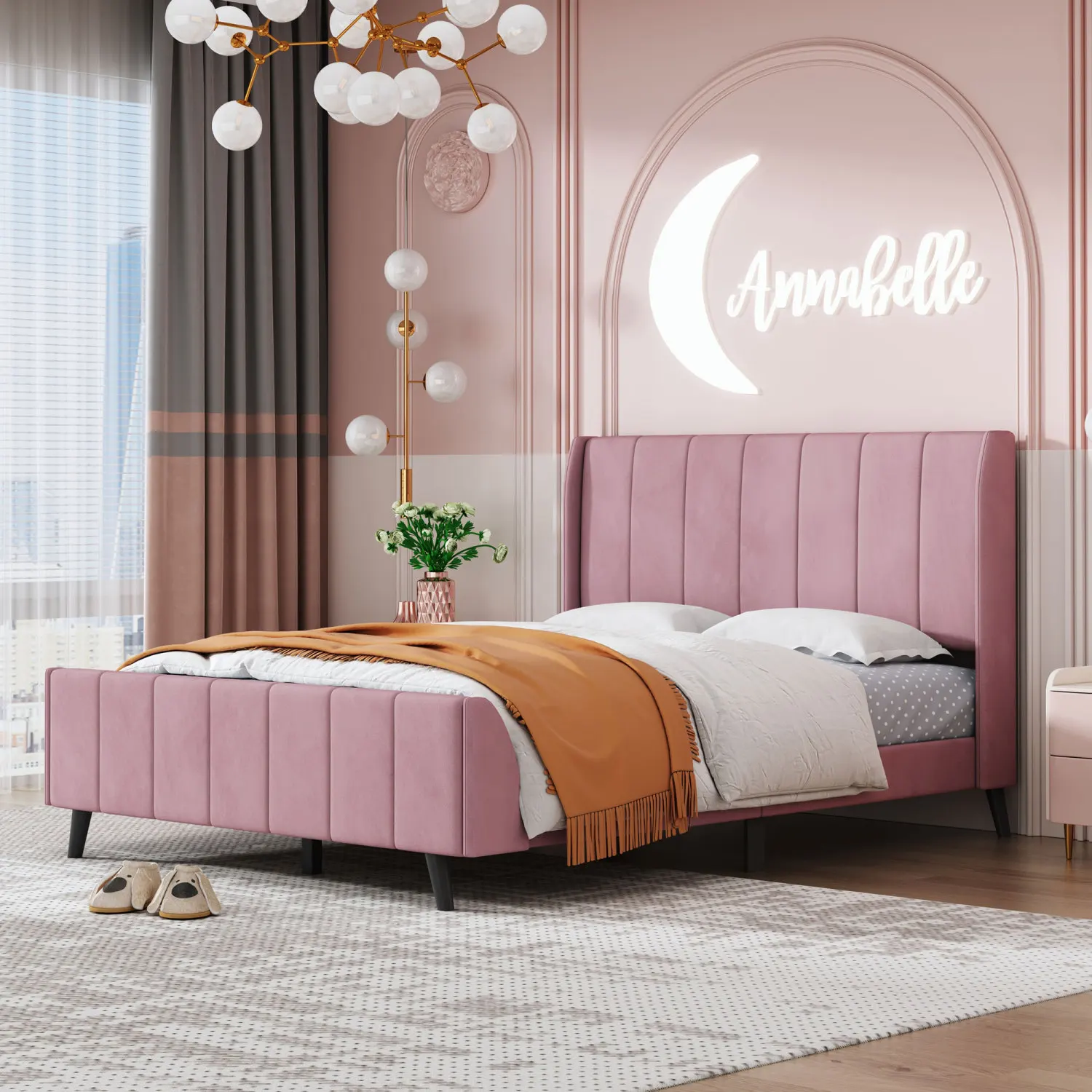 

Full Size Pink Velvet Upholstered Platform Bed