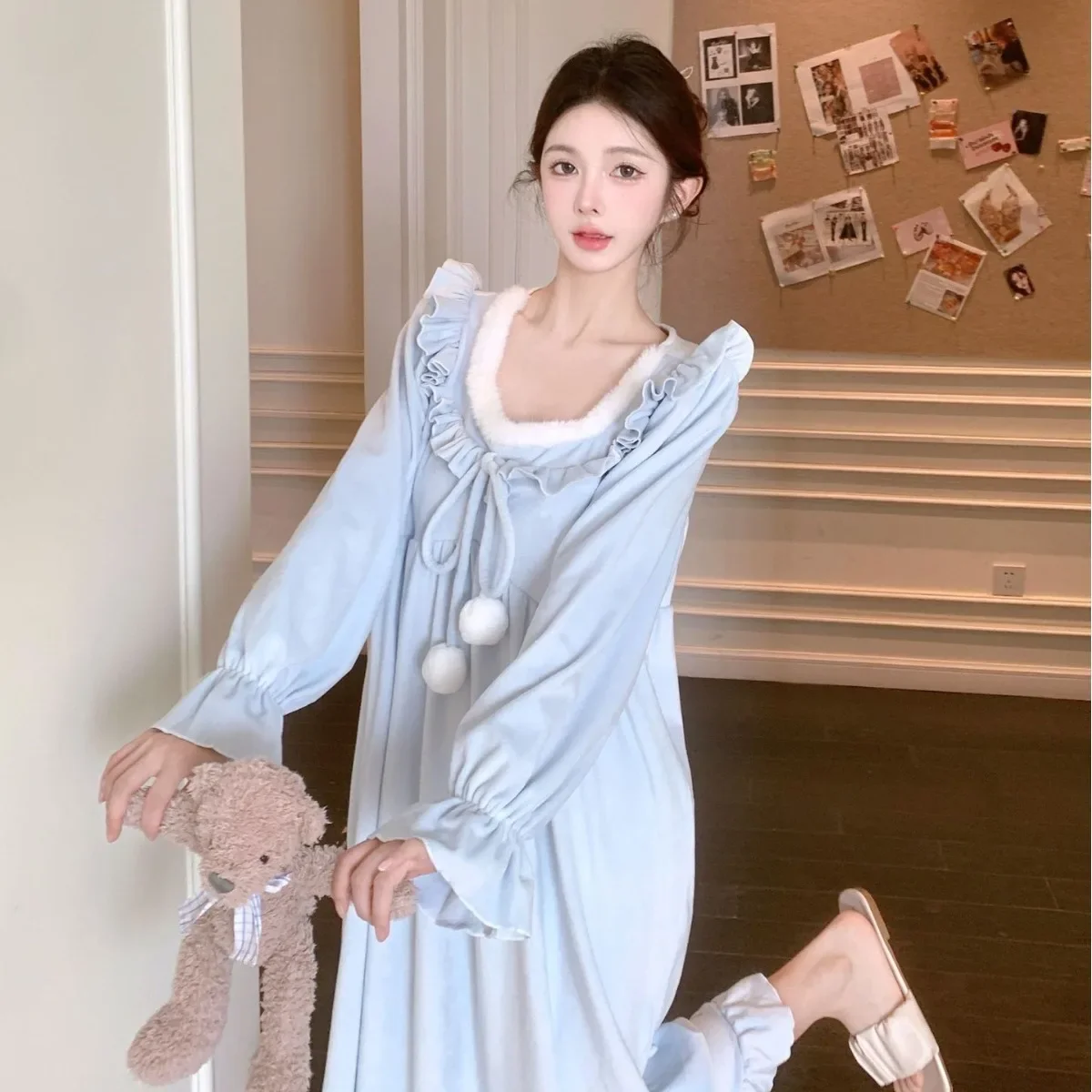 

Flannel Long Nightgown Sleepwear Autumn Winter New Home Dressing Gown Nightwear Sweet Loose Long Sleeve Nightdress Loungewear