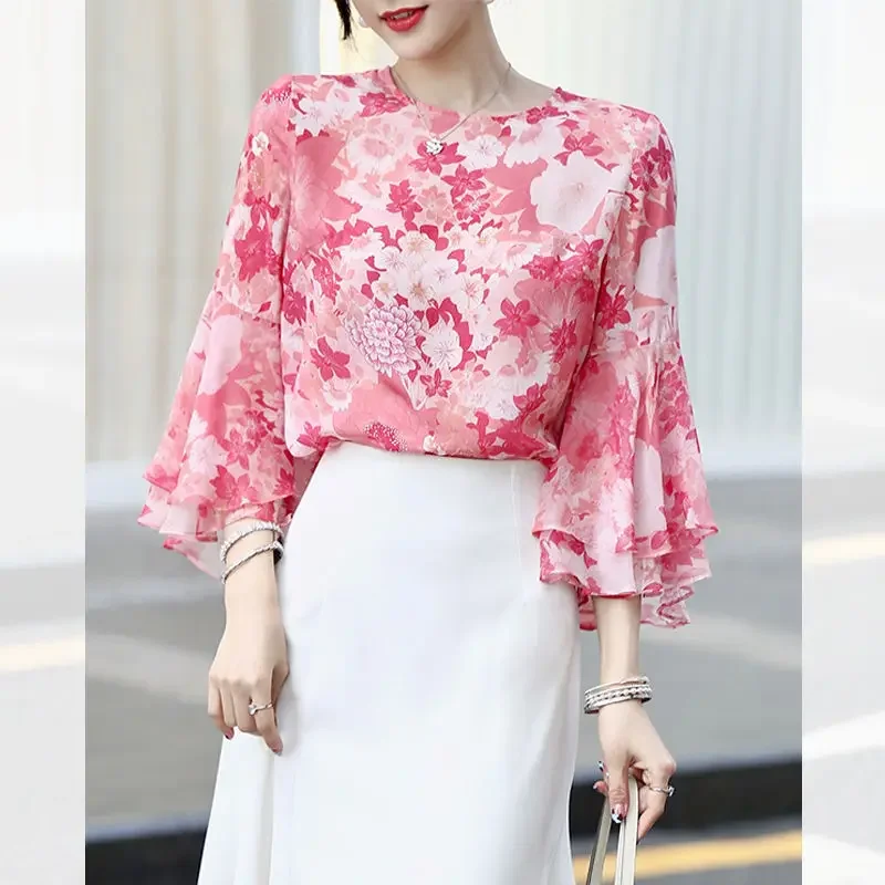 

Винтажная блузка с рукавами-бабочками и принтом, женская одежда, новинка лета 2024, повседневные пуловеры, офисная женская рубашка с цветочным принтом ZT499