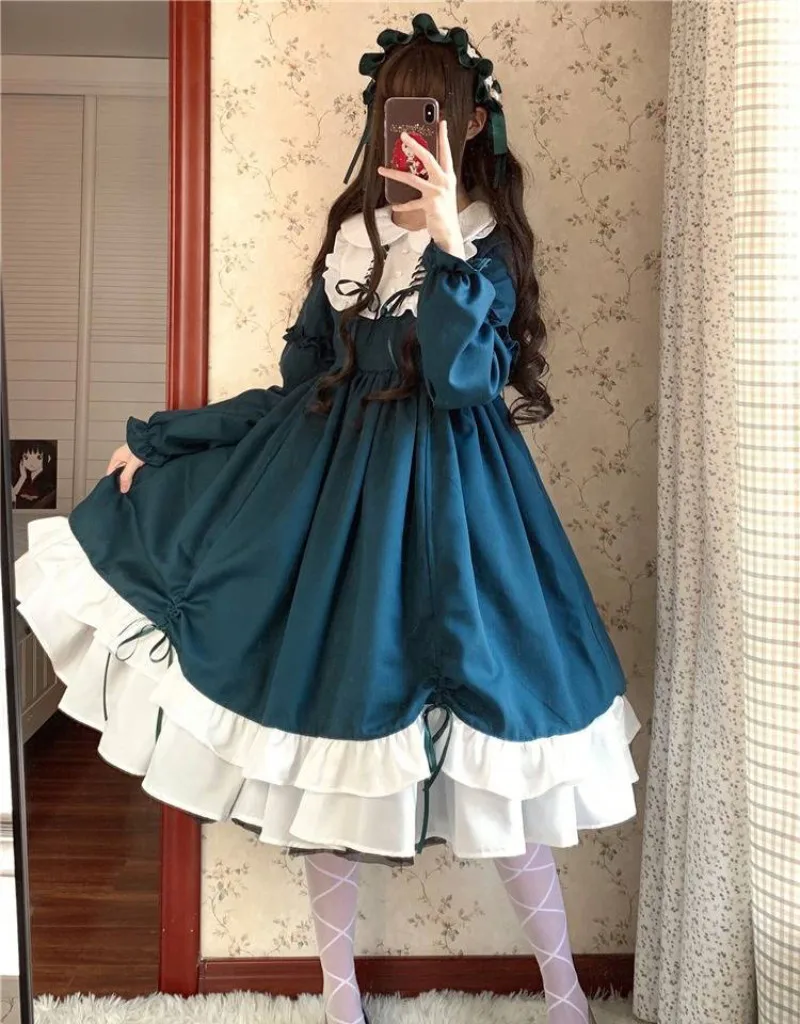 Kawaii Sweet Lolita Dresses Peter Pan Collar Ruffles Vestido Mujer Bowknot Patchwork Princess Party Femme Robe 3colors