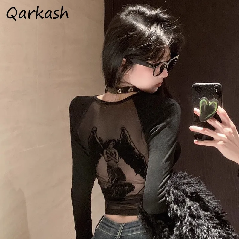 

Сетчатые лоскутные футболки женские с принтом с длинным рукавом тонкие американские ретро стильные осенние сексуальные топы с открытой спиной шикарные винтажные базовые Y2k