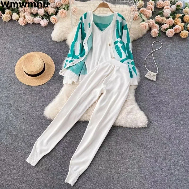 Fall Winter Women Knitted 3 Piece Sets Korea Elegant Letter Design Cardigan Coats Tops Outfit High Waist Jogger Harem Pants Suit