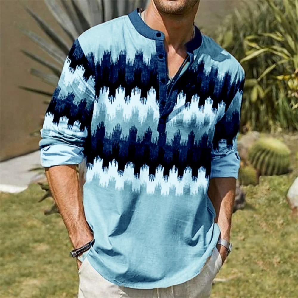 

2025 New Men's 100% Linen Gradient Color Printed Casual Long Sleeve Shirt Fashionable Comfortable Breathable Street Trendy Shirt